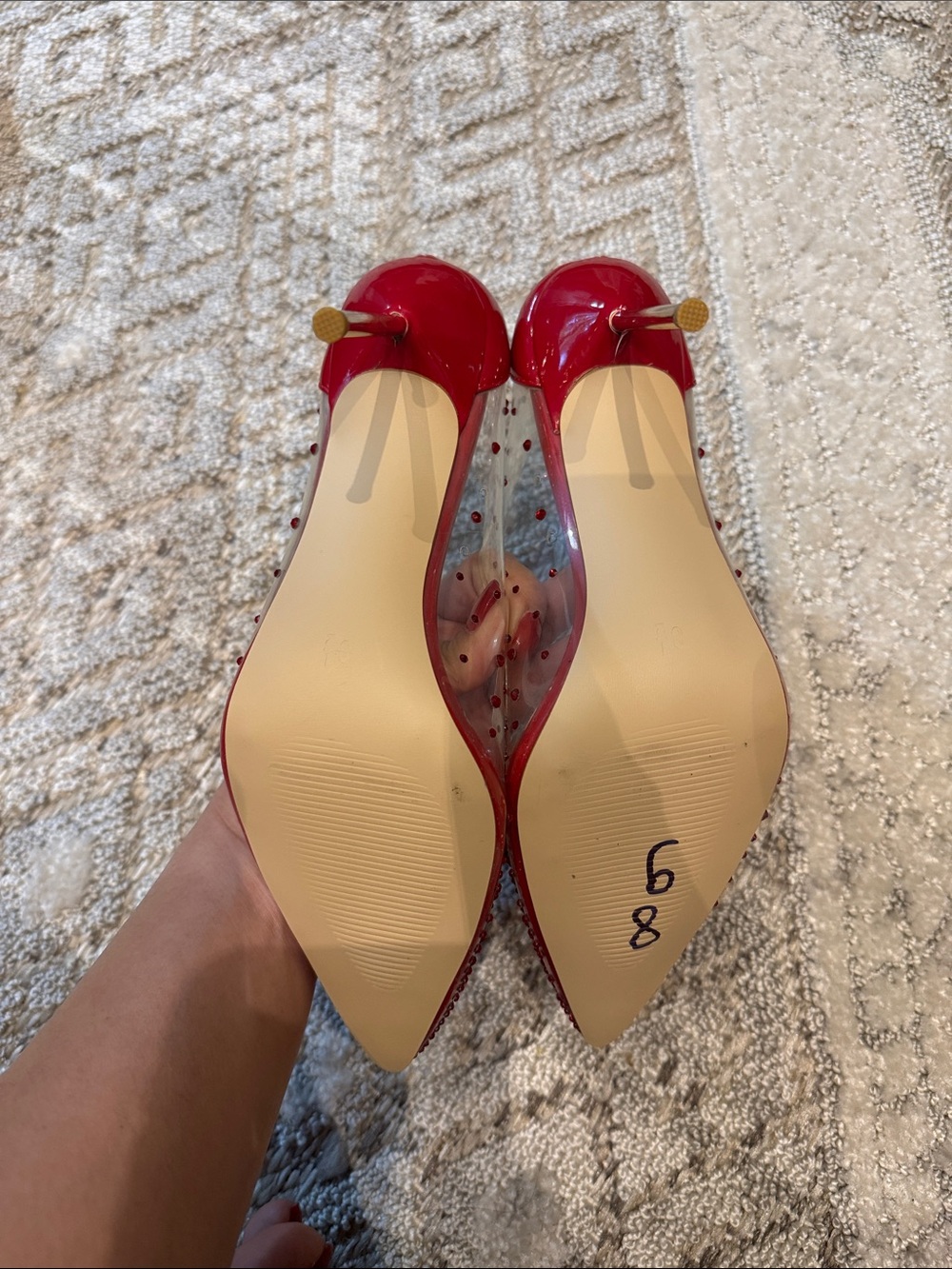 FSJ Red Patent & Clear Pointed-Toe Stiletto Pumps - Picture 4 of 8
